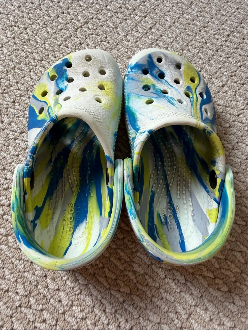 CROCS Kids Marble White Blue Yellow Slip-On Clogs